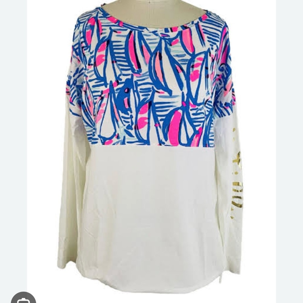 EUC Lilly Pulitzer Finn Top White, Blue, Pink Sailboat Design Long Sleeves Large